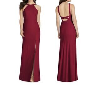 DESSY COLLECTION Cutaway Shoulder Crepe Column Gown Halter Criss Cross Back 14